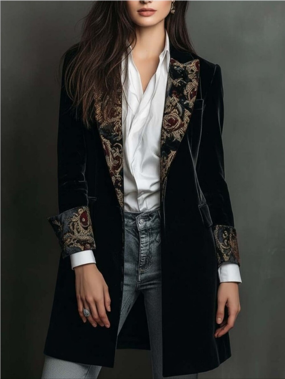Futario Timeless Vintage Luxury Black Velvet Baroque Satin Lapel & Cuff Blazer M